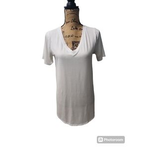 Zenana Basic V-Neck Short‎ Sleeve Tunic T-Shirt Women's M White Stretchy Casual